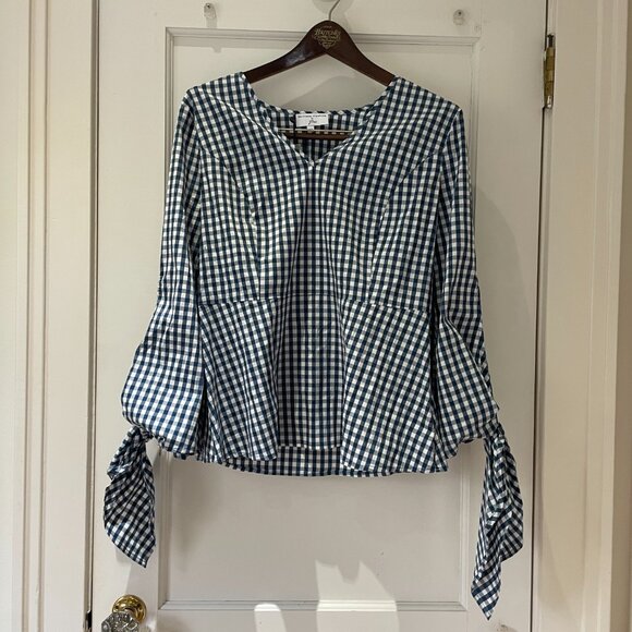 J. Crew Universal Standard Gingham Top Navy/White Tie Sleeve Size XS NWT - Picture 2 of 10